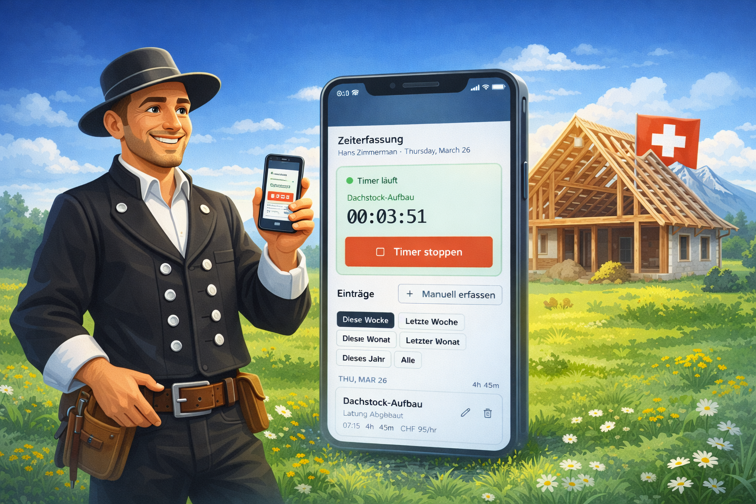 Handwerker nutzt Zeiterfassung App timekube auf dem Smartphone