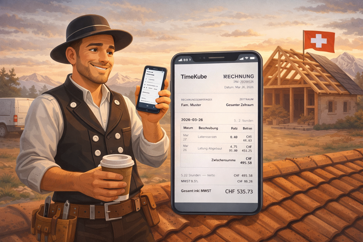 Handwerker kontrolliert Zeiterfassung mit timekube App und erstellt Rechnung.